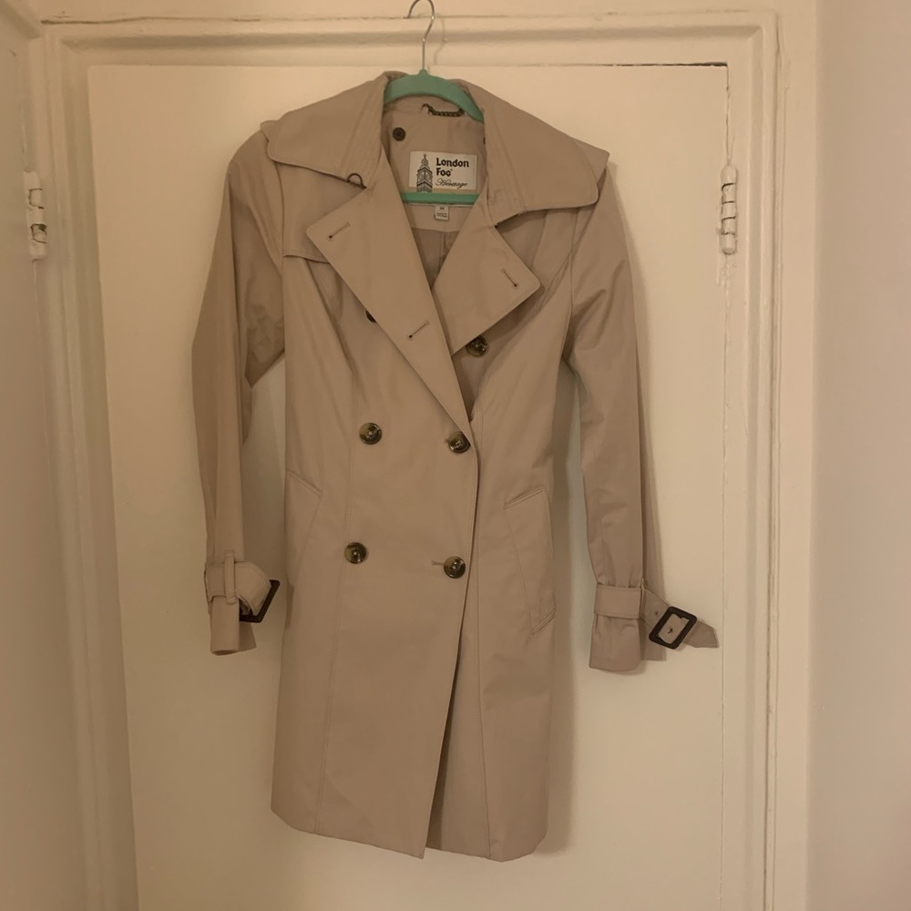 London Fog water resistant short / mid thigh trench with detachable hood